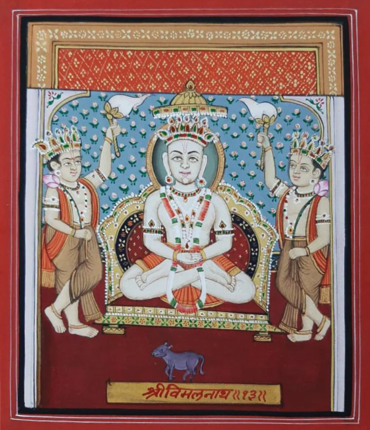 Pichwai painting of Vimalanatha Bhagwan with the Boar emblem